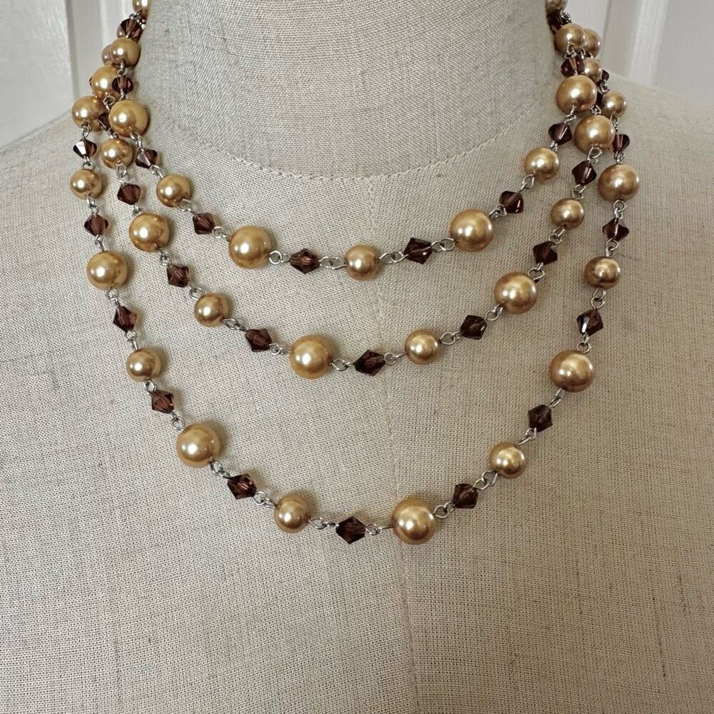 Faux pearl and brown crystal long necklace